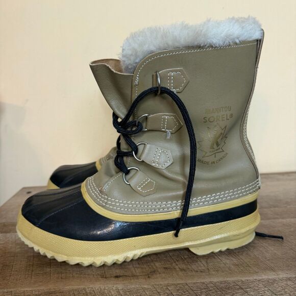 Vintage Men’s Sorel Manitou Leather Boots Wool Blend Insulated Liners size 9 - Picture 1 of 7